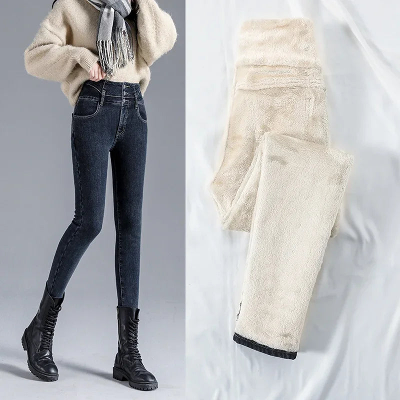 Winter Women 100% Plus Velvet High Waist Jeans Denim Trousers Stretch Warm Pencil Pants Thick Skinny Leggings