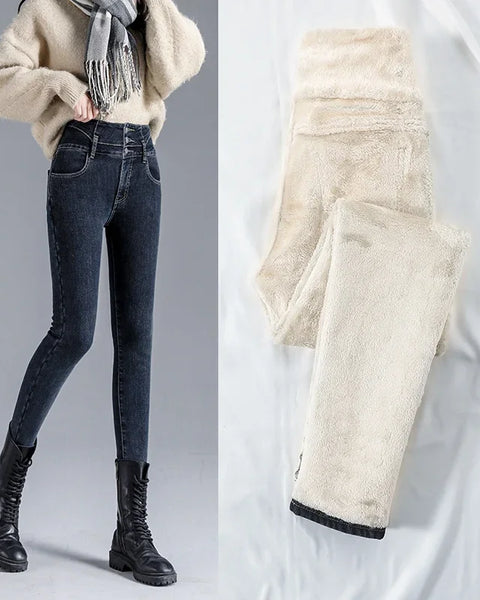 Winter Women 100% Plus Velvet High Waist Jeans Denim Trousers Stretch Warm Pencil Pants Thick Skinny Leggings