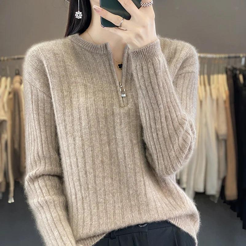 Fashion Solid Zipper Round Collar Sweater For Women 100% Wool  Winter New Casual Knitwear Long Sleeve Female Tops