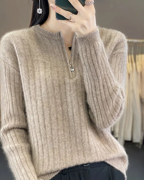 Fashion Solid Zipper Round Collar Sweater For Women 100% Wool  Winter New Casual Knitwear Long Sleeve Female Tops