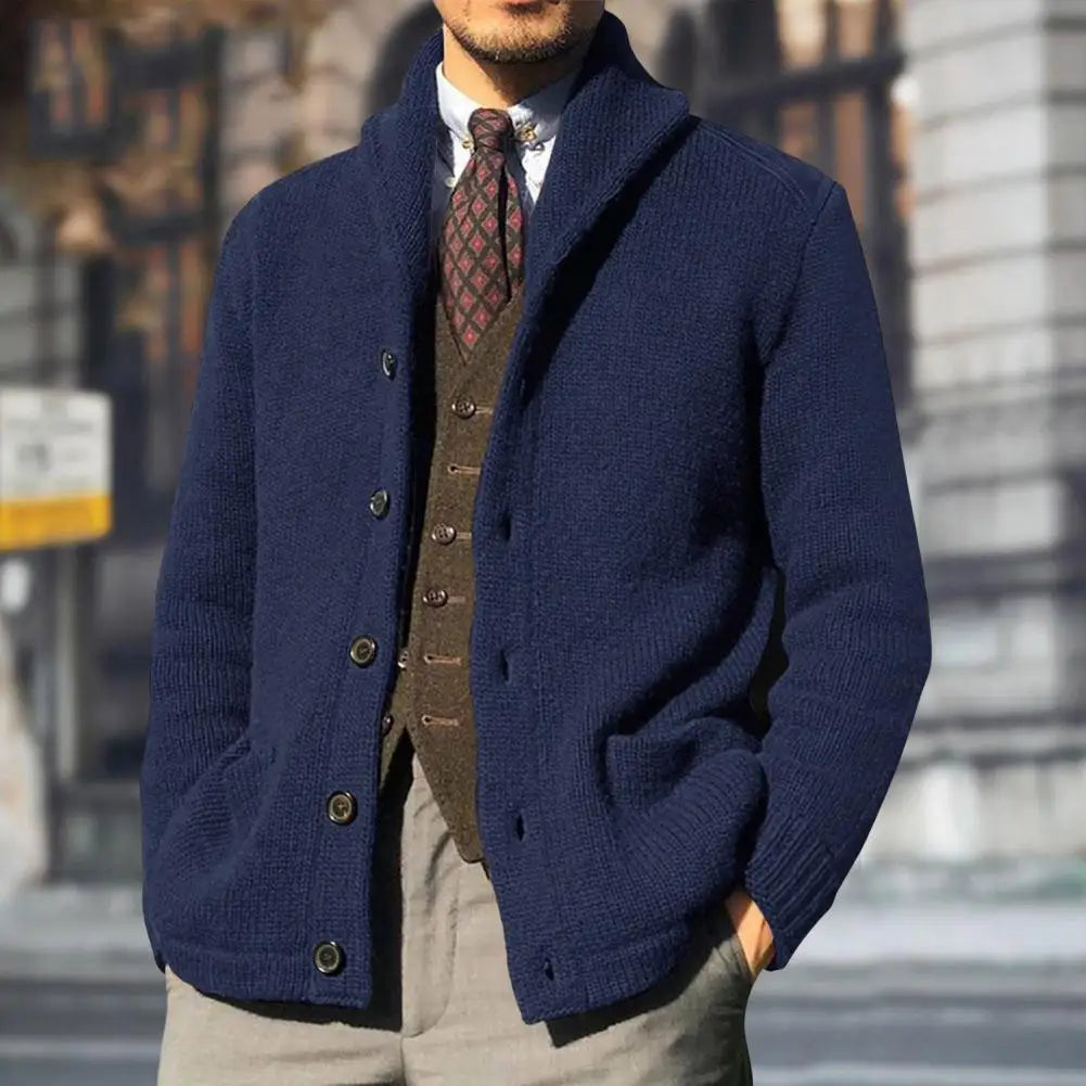 Men's Warm Knitwear Lapel Coat: Windproof Solid Color Sweater with Button Placket for Autumn & Winter