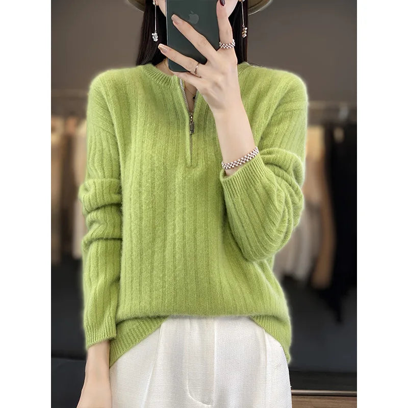 Fashion Solid Zipper Round Collar Sweater For Women 100% Wool  Winter New Casual Knitwear Long Sleeve Female Tops