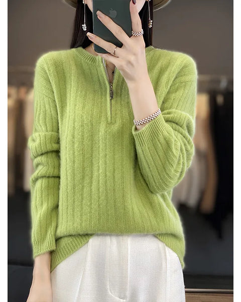 Fashion Solid Zipper Round Collar Sweater For Women 100% Wool  Winter New Casual Knitwear Long Sleeve Female Tops