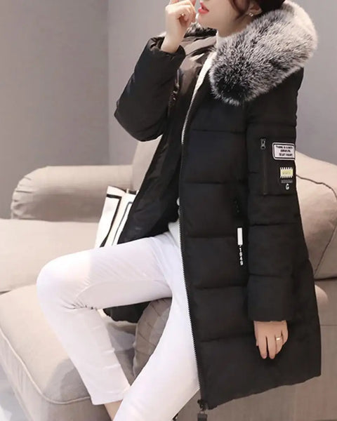 Women's Winter Coat Thick Cotton Padded Parka with Fur Neckline