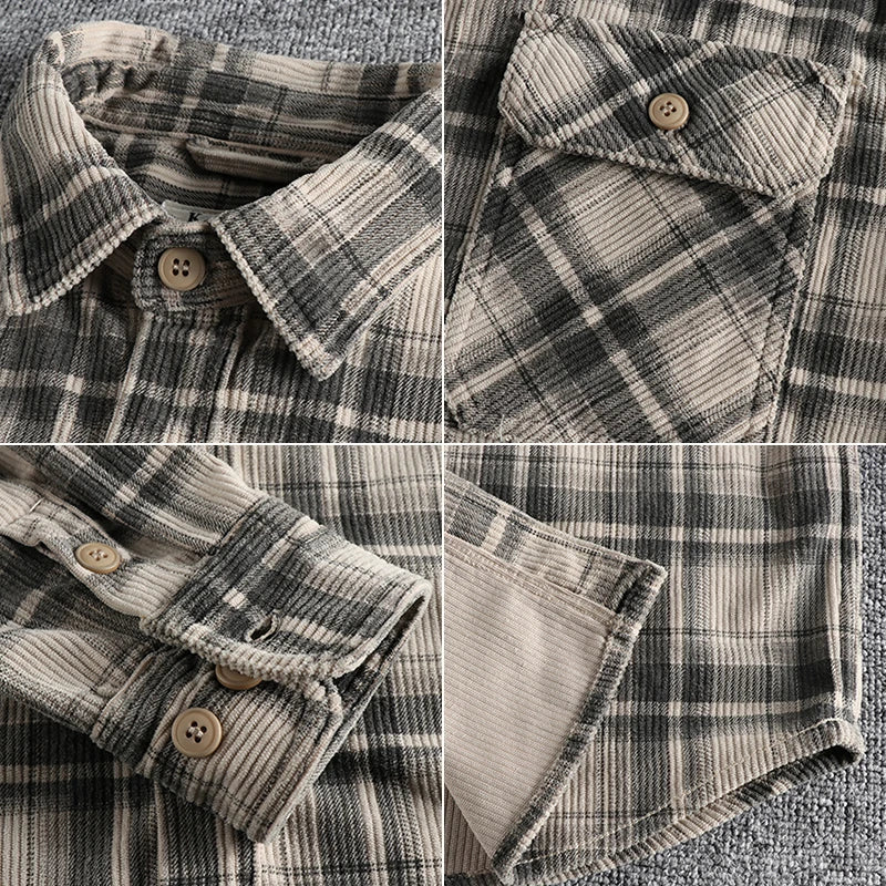 Men's Plaid Woven Corduroy Shirt: 100% Cotton Heavy Washed Workwear Blouse for Spring/Autumn - Retro Amekaji Western Style