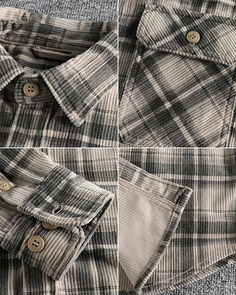 Men's Plaid Woven Corduroy Shirt: 100% Cotton Heavy Washed Workwear Blouse for Spring/Autumn - Retro Amekaji Western Style