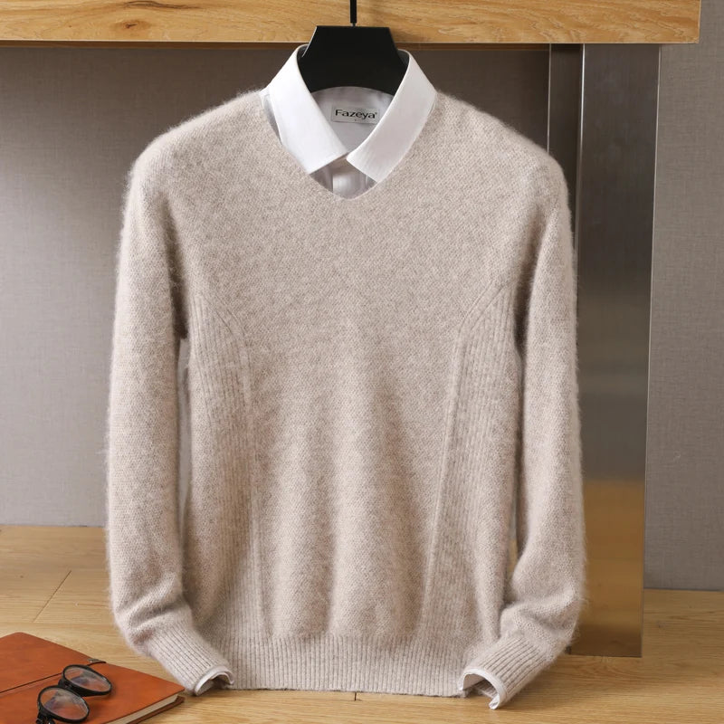 Men's 100% Pure Mink Cashmere V-Neck Sweater: Large Size Knit Pullover for Winter - High-End Long Sleeve Jumper