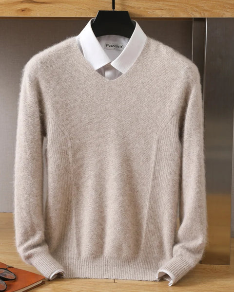 Men's 100% Pure Mink Cashmere V-Neck Sweater: Large Size Knit Pullover for Winter - High-End Long Sleeve Jumper