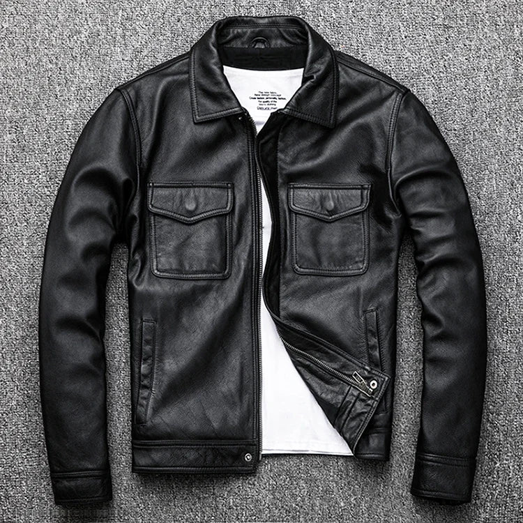 Genuine Leather jacket. Winter casual black Men cowhide Clothes. Quality plus size leather coat.