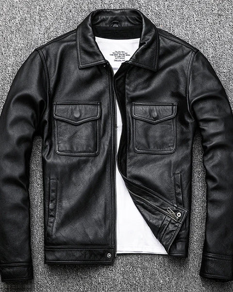 Genuine Leather jacket. Winter casual black Men cowhide Clothes. Quality plus size leather coat.