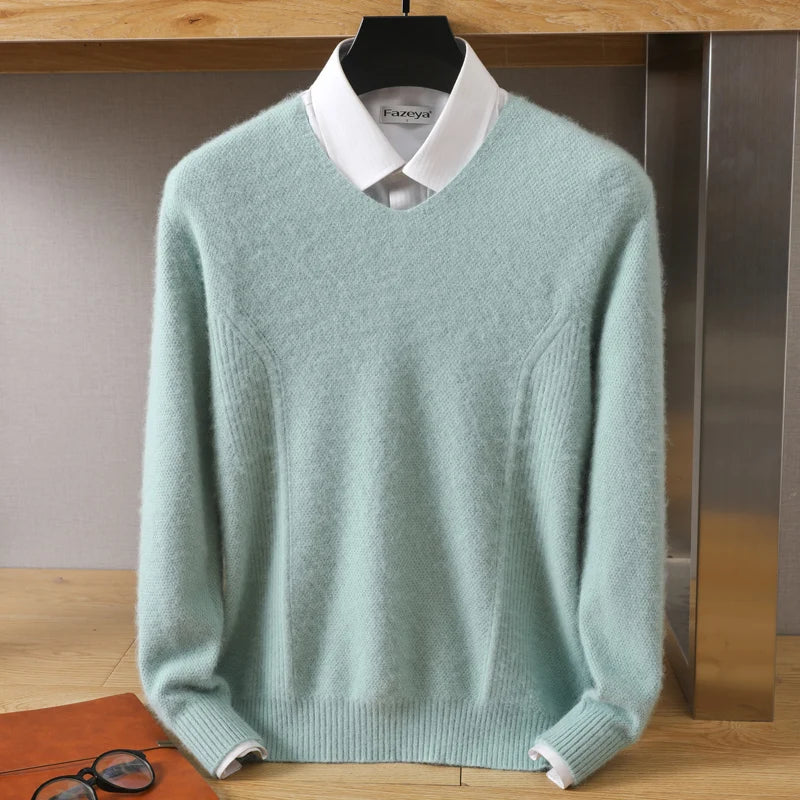 Men's 100% Pure Mink Cashmere V-Neck Sweater: Large Size Knit Pullover for Winter - High-End Long Sleeve Jumper