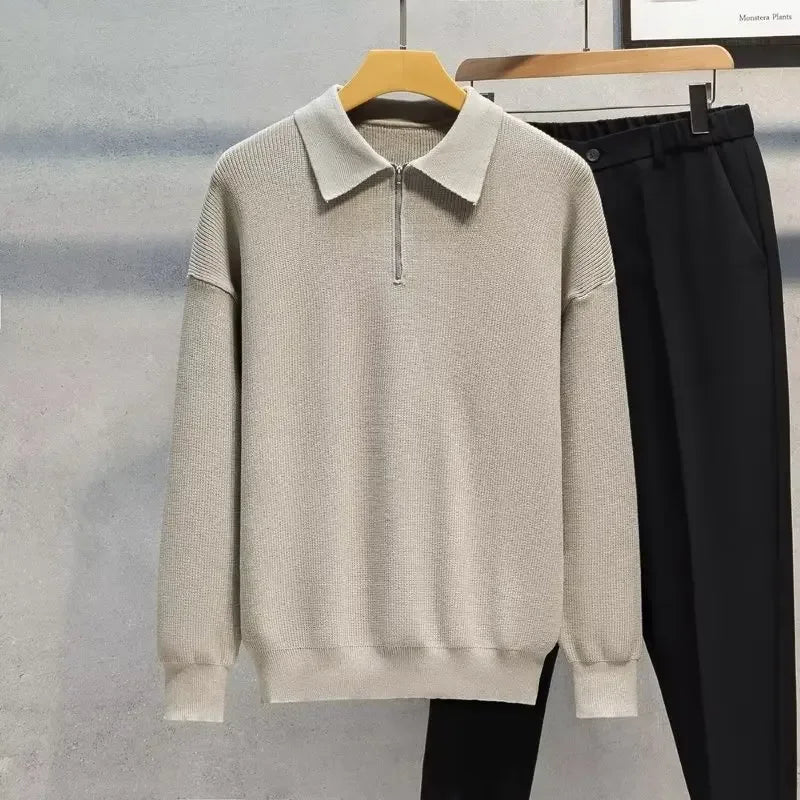 Men's Half-Zip Polo Collar Sweater: Casual Knitted Pullover for Autumn/Winter - Trendy Base Layer