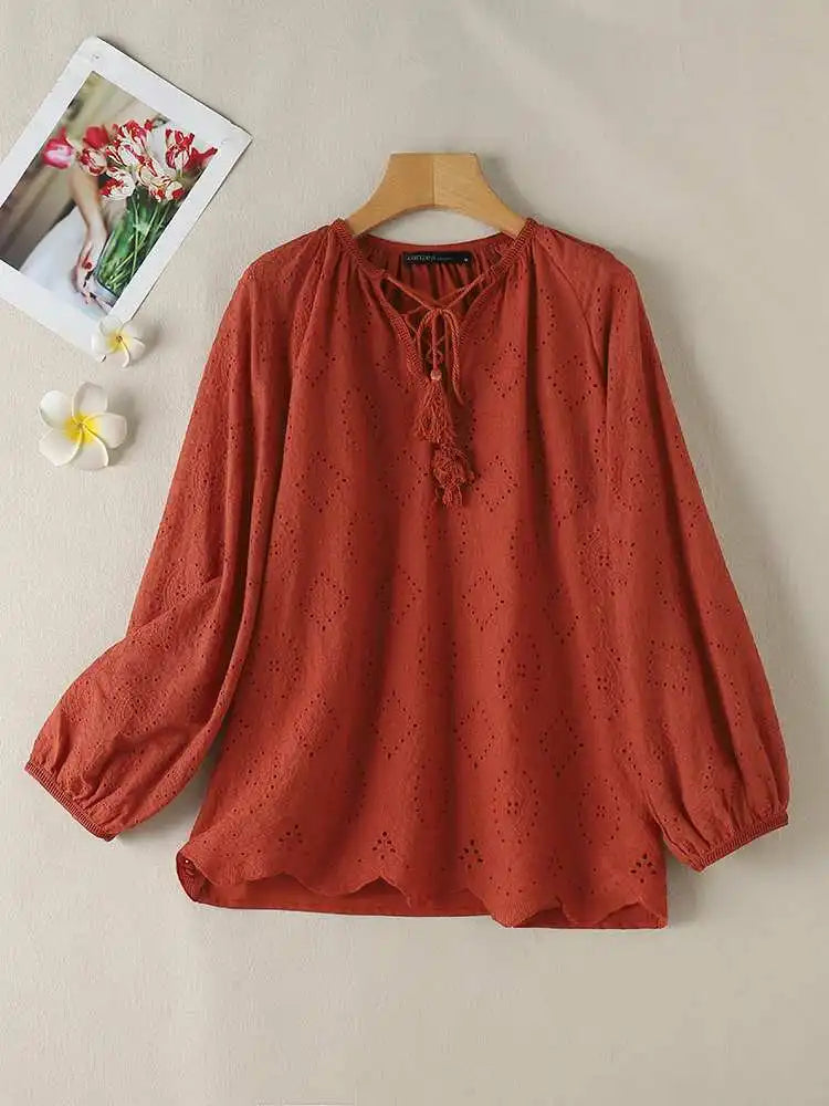 Bohemian Lace Trim Blouses for Women Casual Hollow Out Embroidery Tunic Tops with 3/4 Sleeves