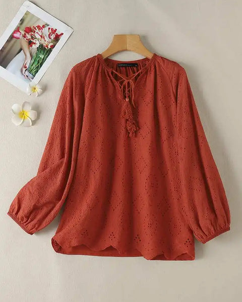 Bohemian Lace Trim Blouses for Women Casual Hollow Out Embroidery Tunic Tops with 3/4 Sleeves