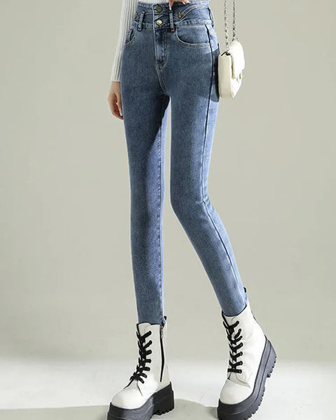 Winter Women Thicken Skinny Pencil Jeans  Warm High Waist Stretch Velvet Lined Vintage Denim Pants