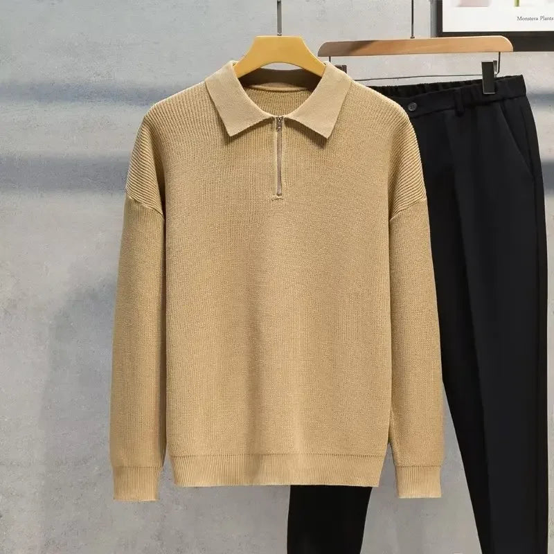 Men's Half-Zip Polo Collar Sweater: Casual Knitted Pullover for Autumn/Winter - Trendy Base Layer