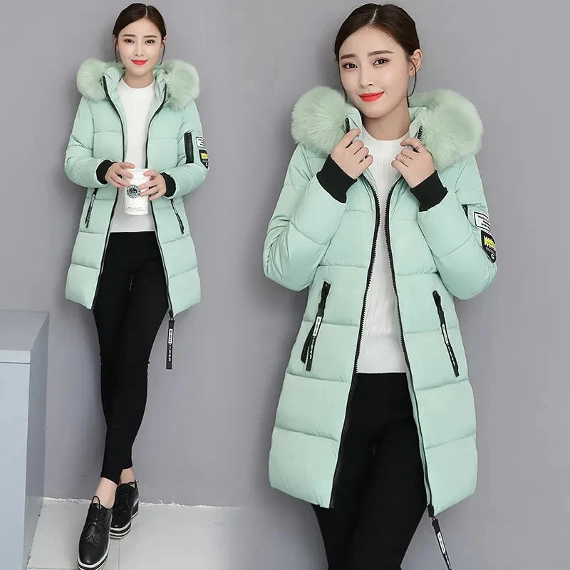 Women's High-Quality Hooded Parka Thick Cotton Padded Winter Coat with Fur Collar