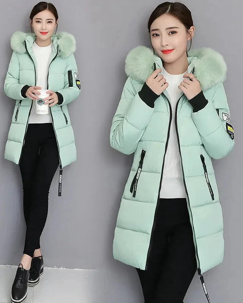 Women's High-Quality Hooded Parka Thick Cotton Padded Winter Coat with Fur Collar