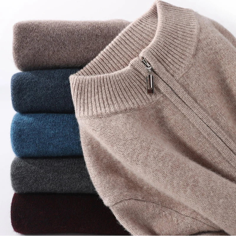 Men's Cashmere Knit Sweater: Large Size Half High Neck Zipper Pullover - High-End Woolen Top