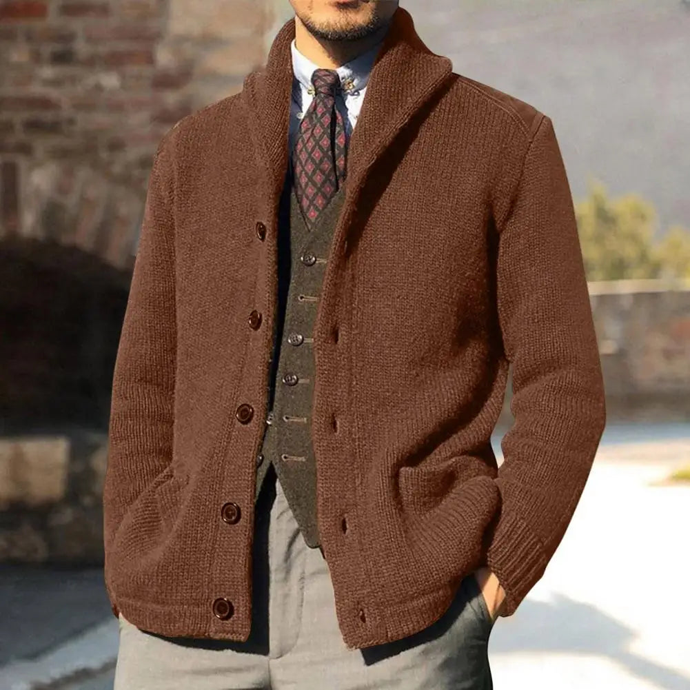 Men's Warm Knitwear Lapel Coat: Windproof Solid Color Sweater with Button Placket for Autumn & Winter