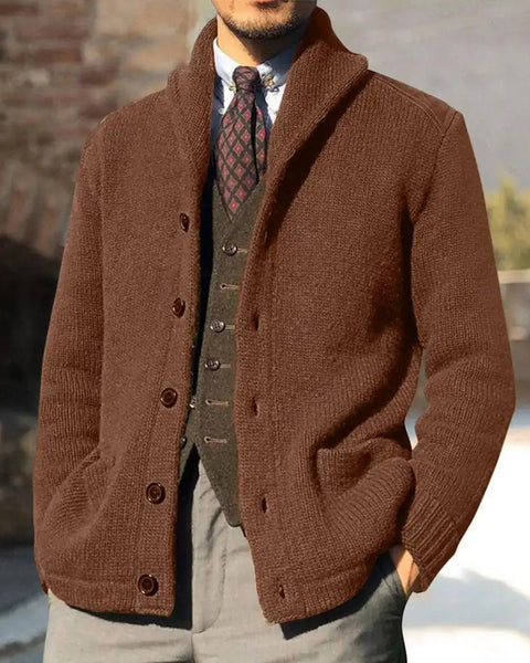 Men's Warm Knitwear Lapel Coat: Windproof Solid Color Sweater with Button Placket for Autumn & Winter