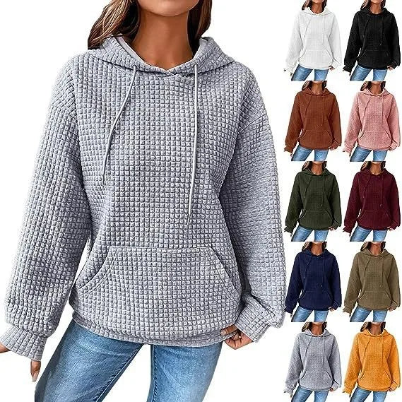 Chic Women's Waffle Hoodie: Spring & Autumn Solid Color Loose Sweatshirt with Drawstring