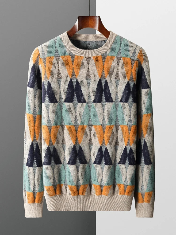 Men's 100% Merino Wool O-Neck Pullover: Vintage Jacquard Cashmere Sweater for Autumn/Winter