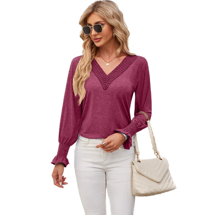 Women's Long Sleeve T-shirt Solid V-neck Patchwork