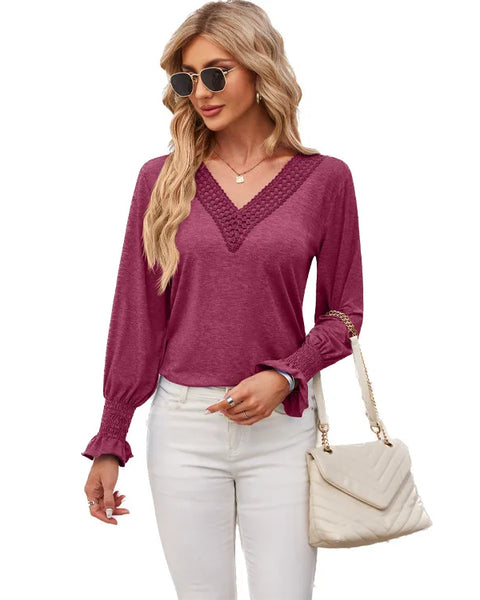 Women's Long Sleeve T-shirt Solid V-neck Patchwork