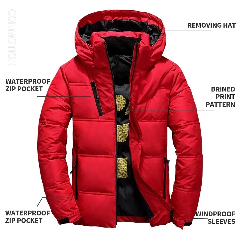 Men's White Duck Down Jacket: Windproof Hooded Parka with Removable Cap for Casual Outdoor Wear