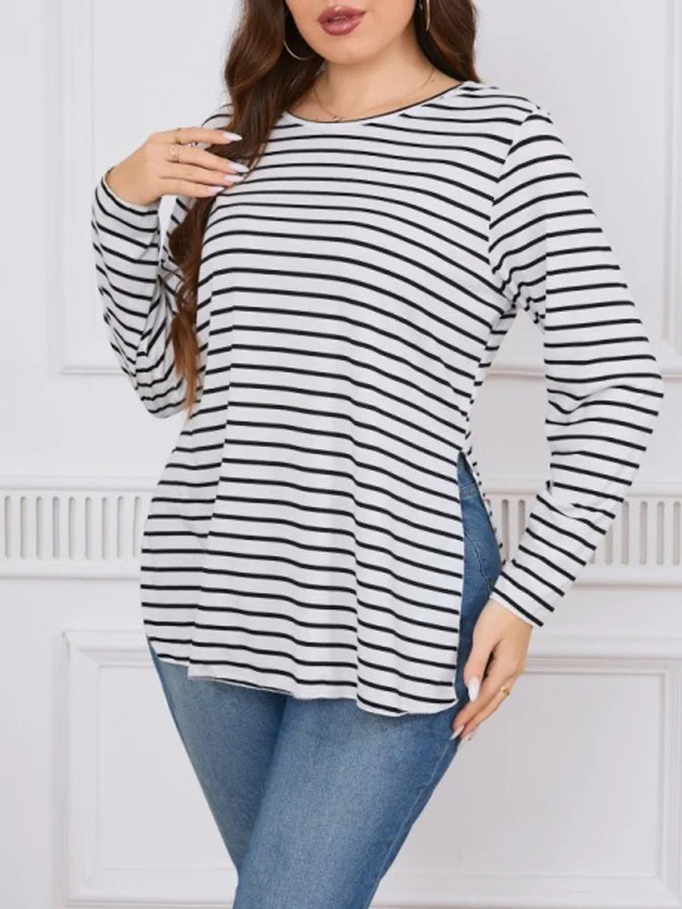 Striped Split O-Neck Long T Shirt