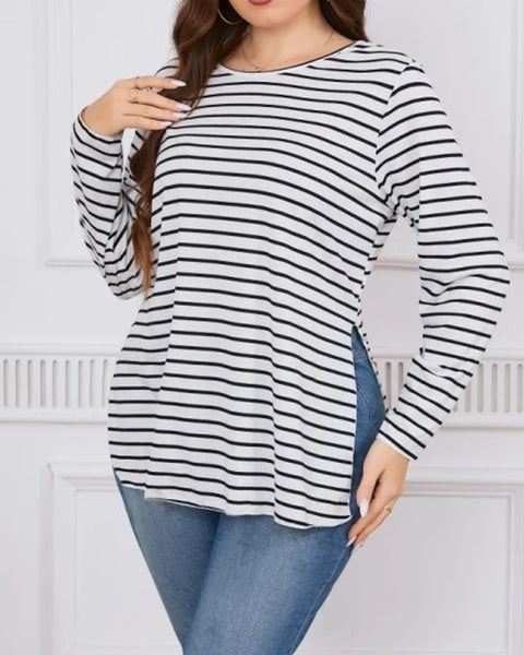 Striped Split O-Neck Long T Shirt