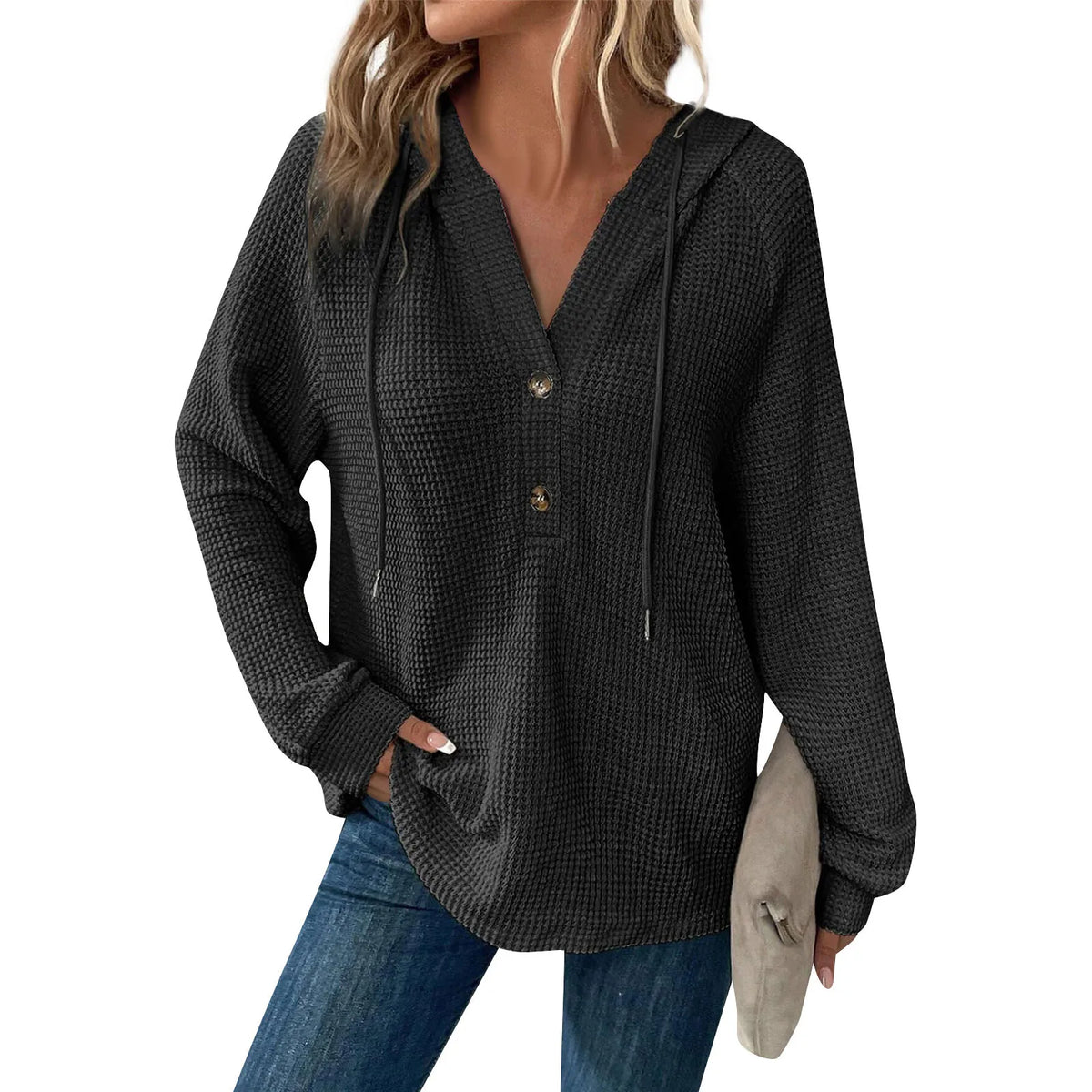 Stylish Women's Waffle Knit Hoodie Long Sleeve Drawstring V-Neck Casual Sweatshirt for Fall