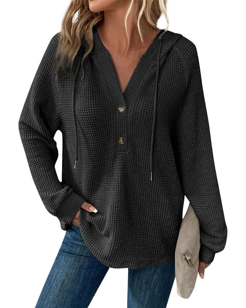 Stylish Women's Waffle Knit Hoodie Long Sleeve Drawstring V-Neck Casual Sweatshirt for Fall