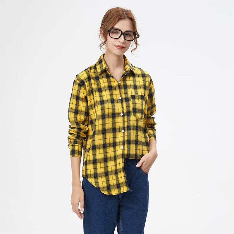 Women Casual  Flannel Plaid Shirt with Loose Long Sleeve