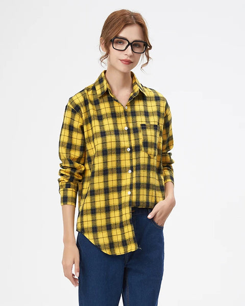 Women Casual  Flannel Plaid Shirt with Loose Long Sleeve