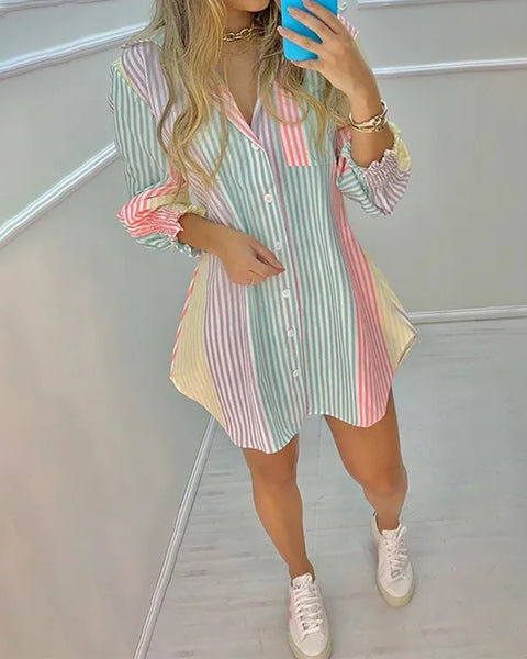 Long Sleeve Lapel Casual Shirt Dress for  Women