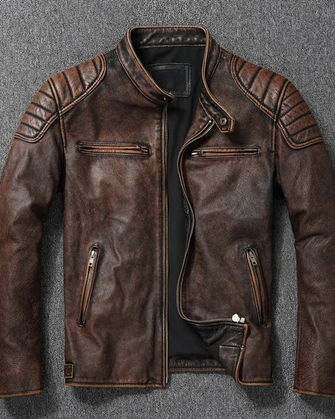 Vintage Yellow Brown Real Cowhide Genuine Leather Jacket Men Motorcycle Coat Men's Biker Clothes