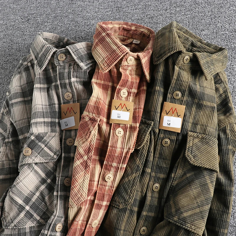 Men's Plaid Woven Corduroy Shirt: 100% Cotton Heavy Washed Workwear Blouse for Spring/Autumn - Retro Amekaji Western Style