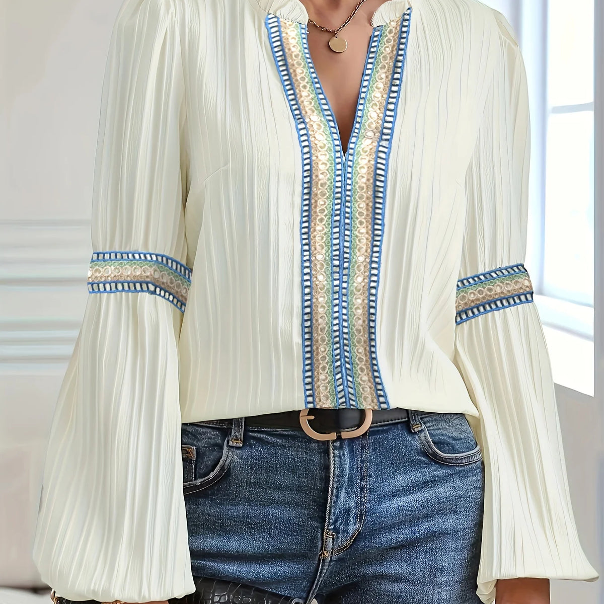 Plus Size Solid Eyelet Cut-Out Blouse Casual Button-Front, Notched Neck Long Sleeve Top for Spring & Fall