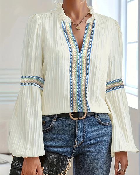 Plus Size Solid Eyelet Cut-Out Blouse Casual Button-Front, Notched Neck Long Sleeve Top for Spring & Fall