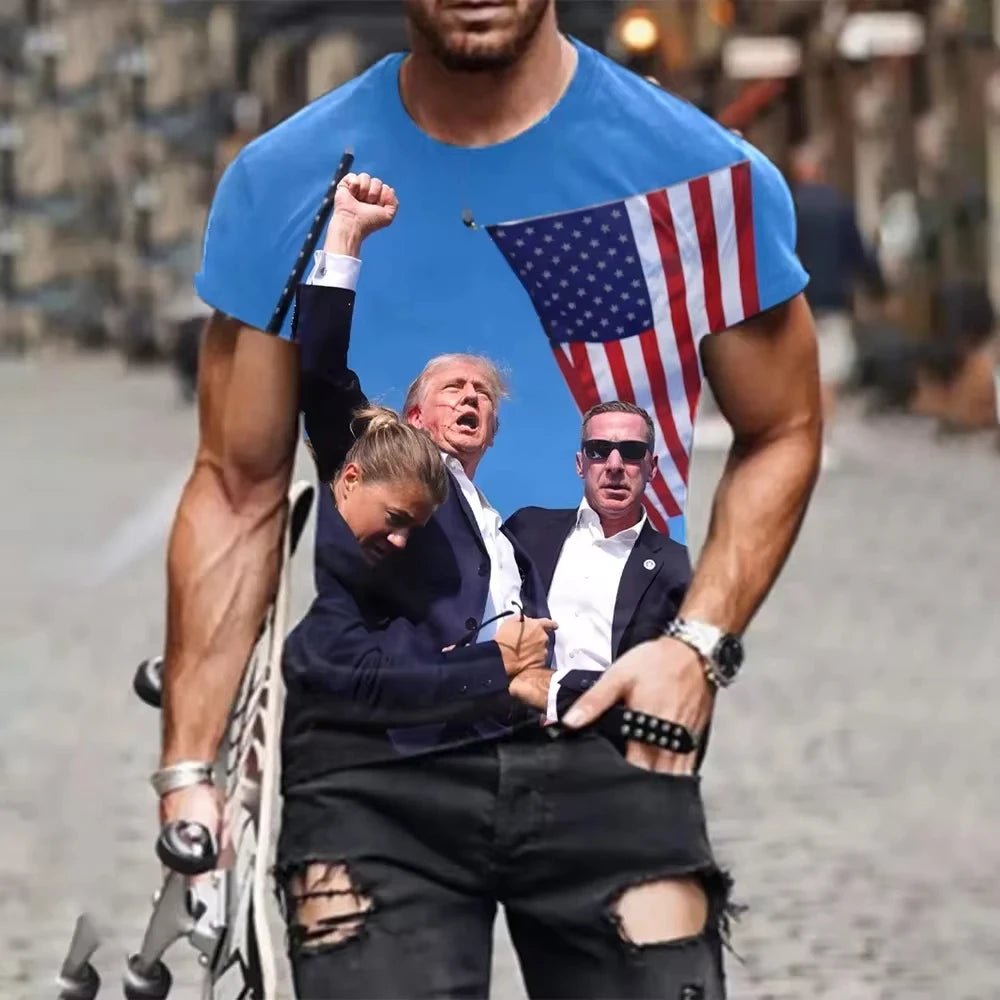 Trump 2024 3D Graphic Tee: USA Flag Streetwear for Men & Women